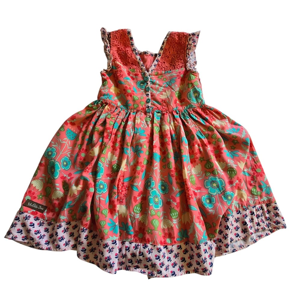 Matilda Jane Home Away Lace Sleeveless Dress Girls Size 6 Blue Coral Floral Boho